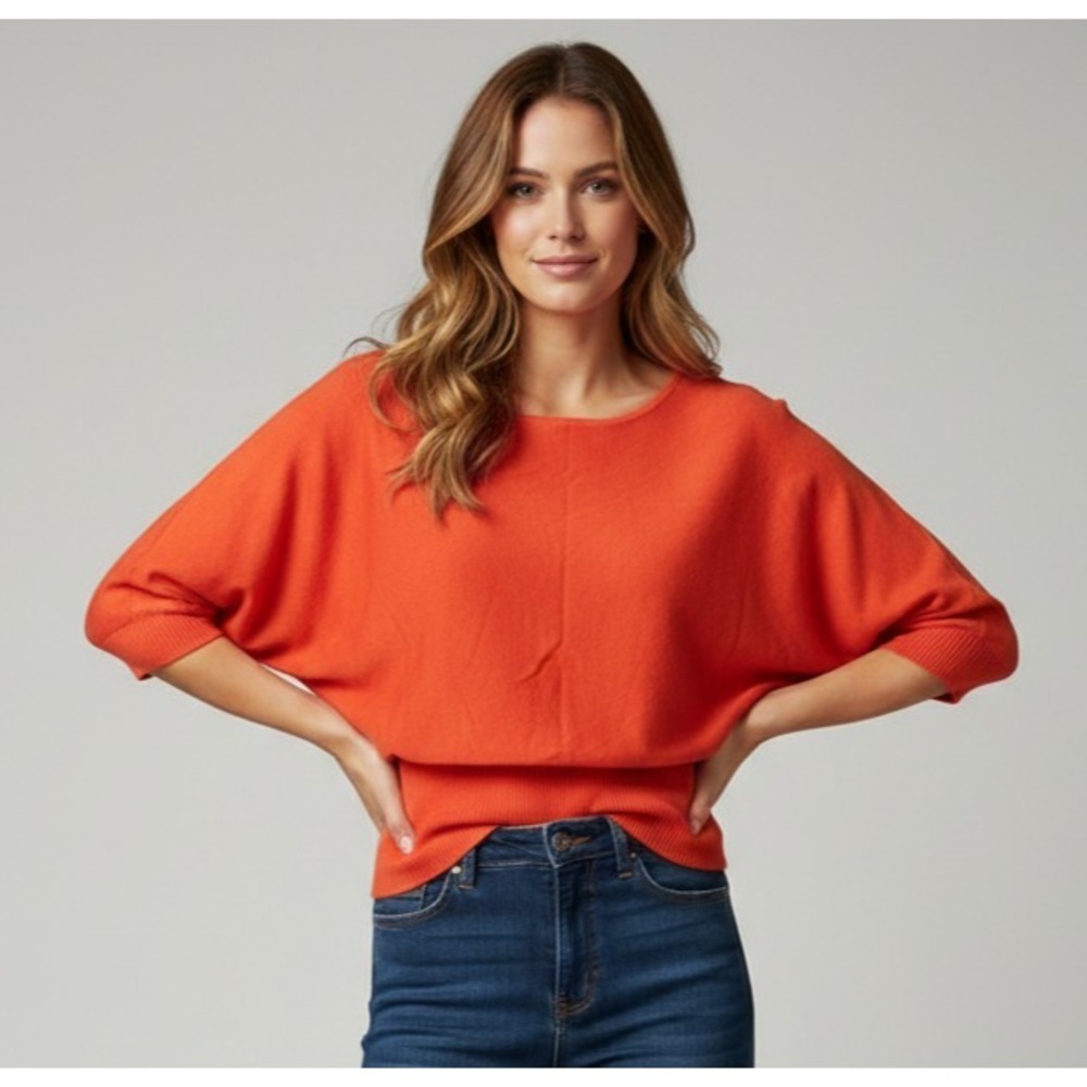 Spense Knits Boat Neck Wide‎ Ribbed Hem Batwing Sweater Women's Medium Orange